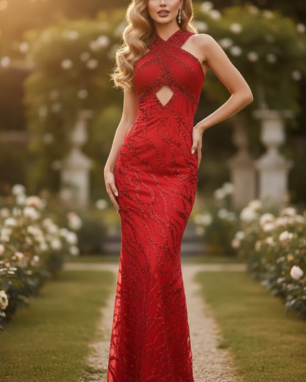 Rotes Meerjungfrau-Glitzerkleid mit Perlen - Ansicht 1