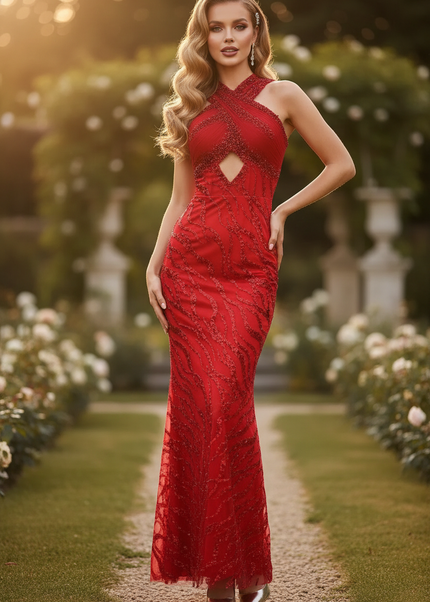 Rotes Meerjungfrau-Glitzerkleid mit Perlen - Ansicht 1