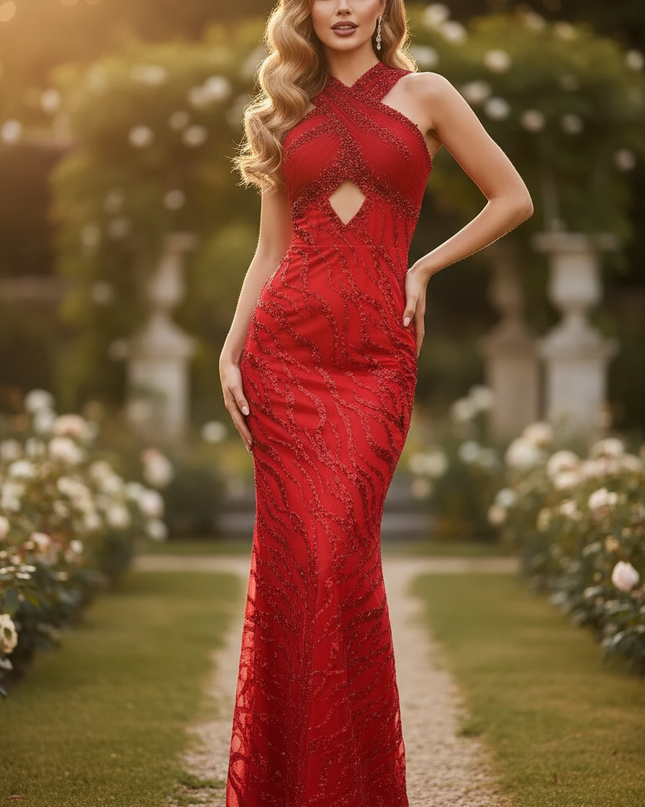 Rotes Meerjungfrau-Glitzerkleid mit Perlen - Ansicht 1