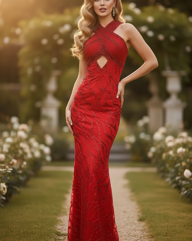Rotes Meerjungfrau-Glitzerkleid mit Perlen - Ansicht 3