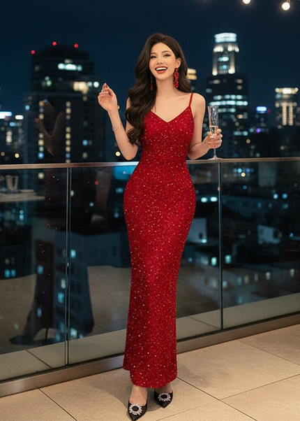 Chices rotes Glitzerkleid knoechellaenge - Ansicht 1
