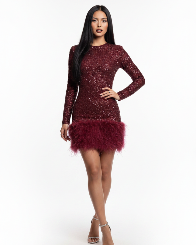 Rotes Glitzerkleid Federn Mini Langarm - Ansicht 5