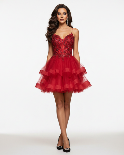 Rotes Glitzerkleid Korsett Kurz Tuell - Ansicht 5