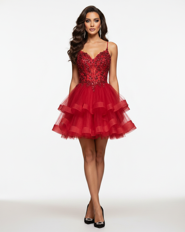 Rotes Glitzerkleid Korsett Kurz Tuell - Ansicht 5