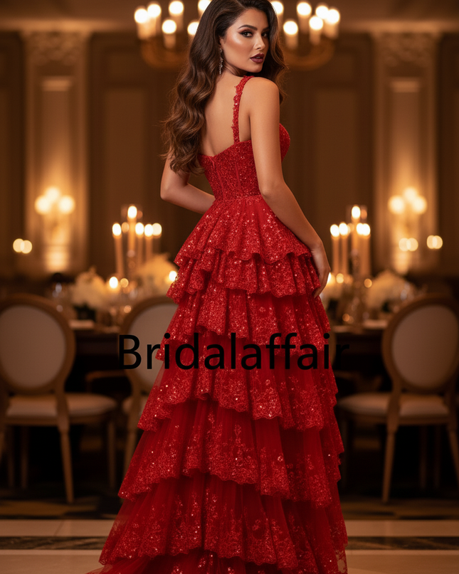 Rotes Glitzerkleid Lang Spitze A-Linie - Ansicht 2