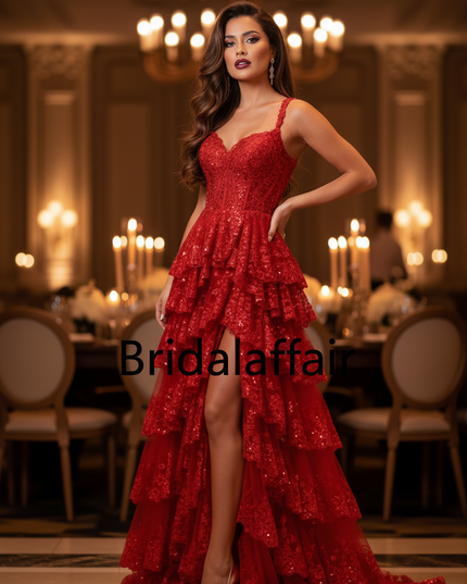 Rotes Glitzerkleid Lang Spitze A-Linie - Ansicht 4