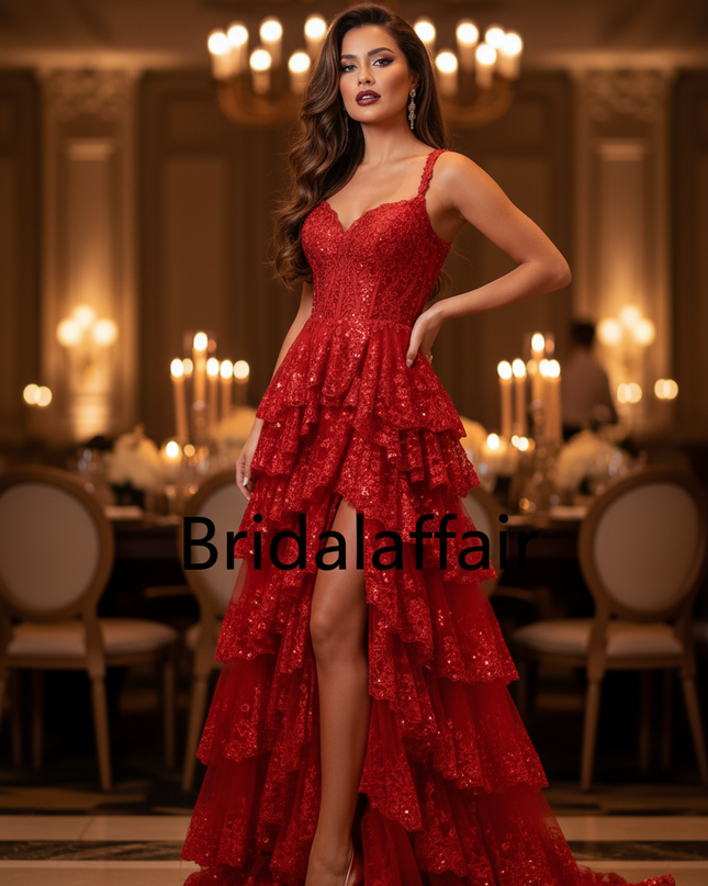 Rotes Glitzerkleid Lang Spitze A-Linie - Ansicht 4