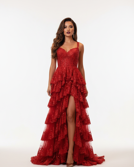 Rotes Glitzerkleid Lang Spitze A-Linie - Ansicht 5