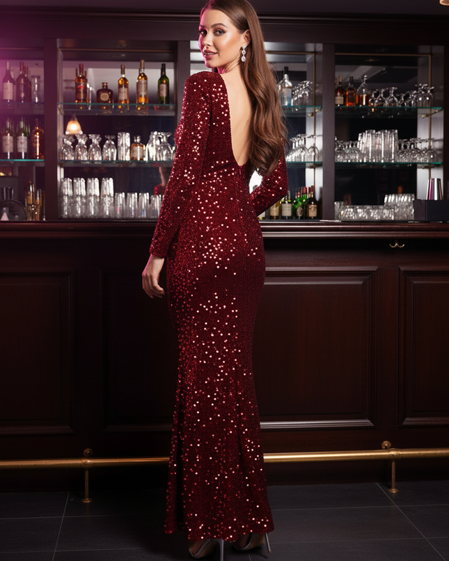 Rotes Glitzer Meerjungfrau Kleid Langarm - Ansicht 2