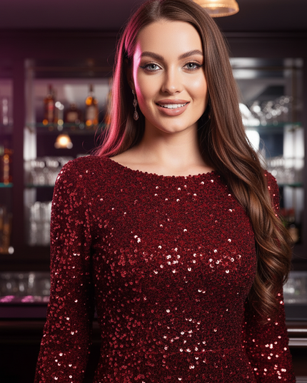 Rotes Glitzer Meerjungfrau Kleid Langarm - Ansicht 4