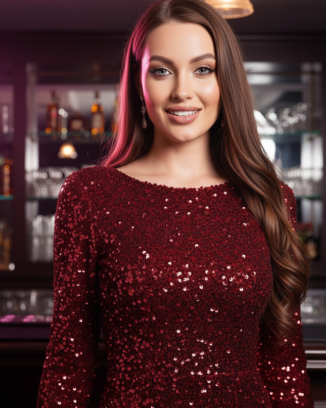 Rotes Glitzer Meerjungfrau Kleid Langarm - Ansicht 4