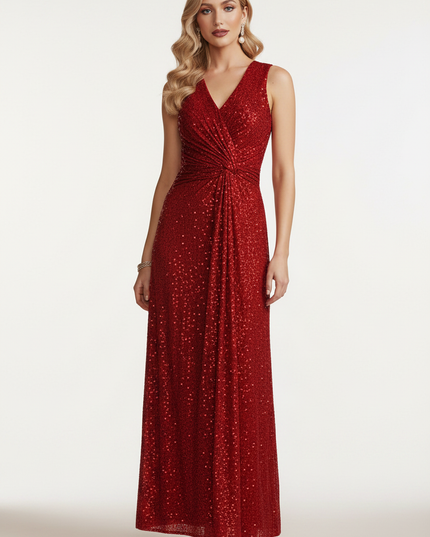 Rotes Pailletten Kleid Lang V-Ausschnitt - Ansicht 5