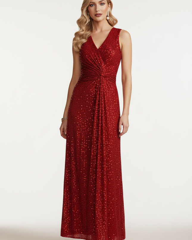 Rotes Pailletten Kleid Lang V-Ausschnitt - Ansicht 5