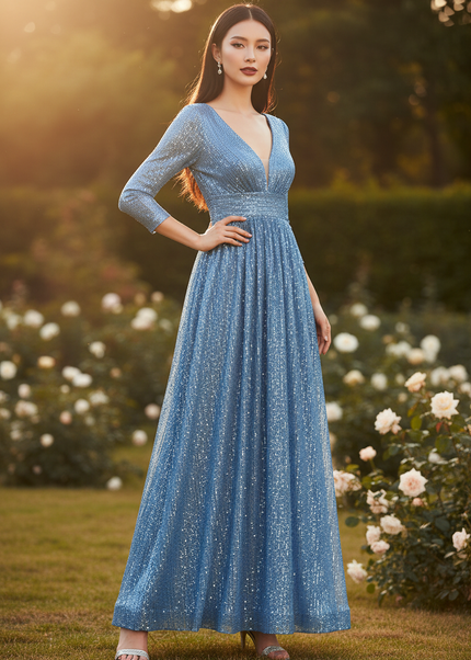 Royalblaues Glitzerkleid V-Ausschnitt - Ansicht 1