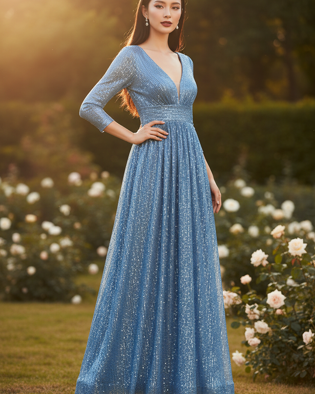 Royalblaues Glitzerkleid V-Ausschnitt - Ansicht 1