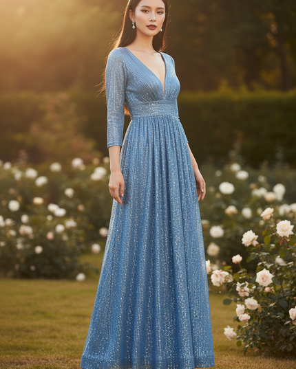 Royalblaues Glitzerkleid V-Ausschnitt - Ansicht 3