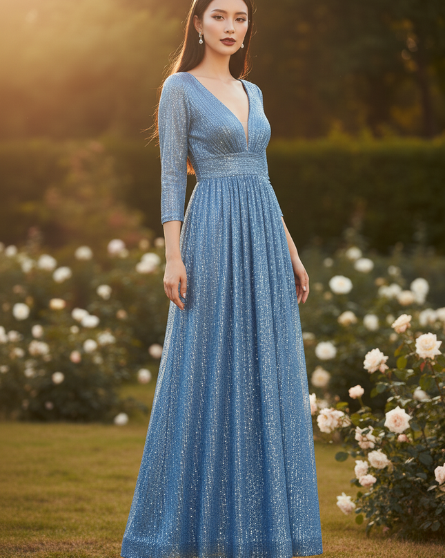 Royalblaues Glitzerkleid V-Ausschnitt - Ansicht 3