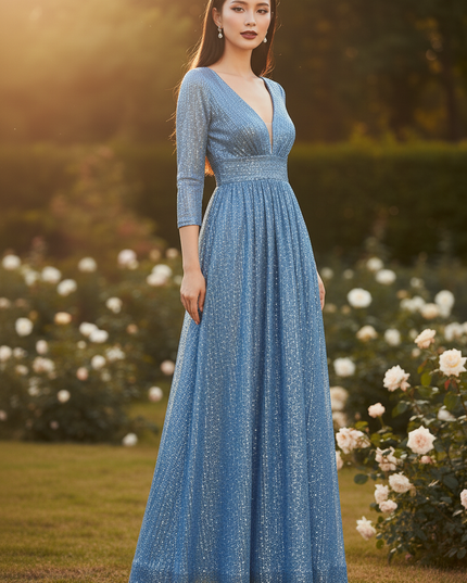 Royalblaues Glitzerkleid V-Ausschnitt - Ansicht 4
