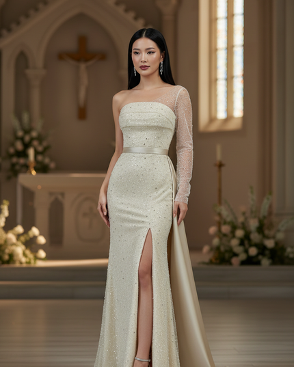 Sandfarbenes Glitzer-Abendkleid - Ansicht 1