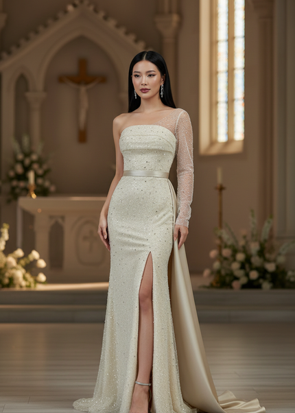 Sandfarbenes Glitzer-Abendkleid - Ansicht 1