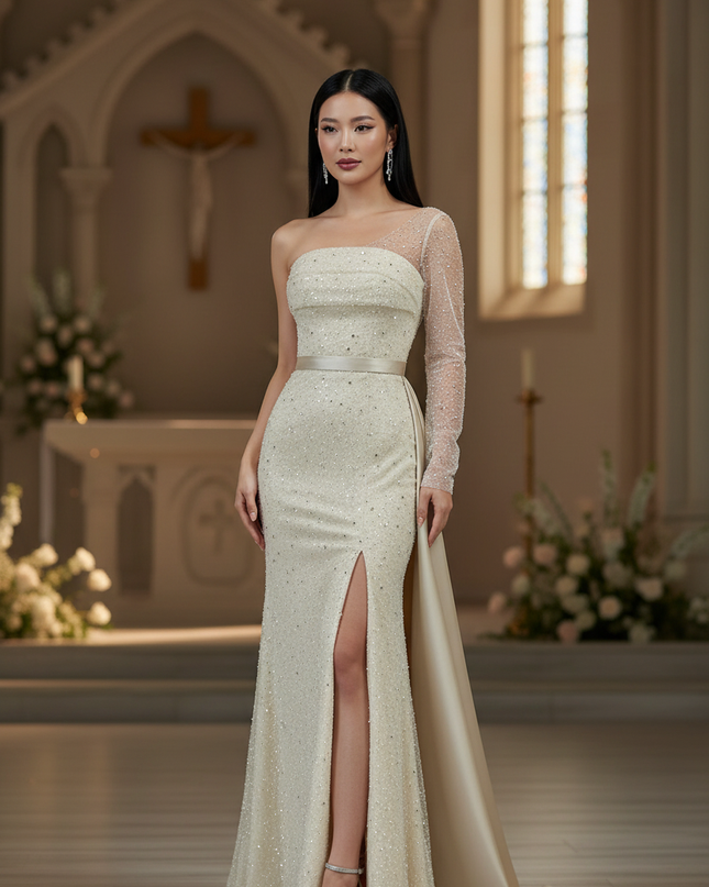 Sandfarbenes Glitzer-Abendkleid - Ansicht 1