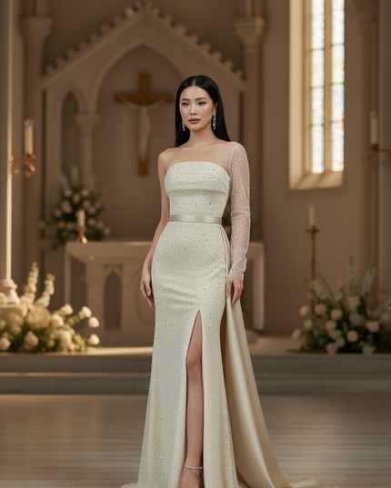 Sandfarbenes Glitzer-Abendkleid - Ansicht 3