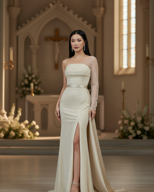 Sandfarbenes Glitzer-Abendkleid - Ansicht 3
