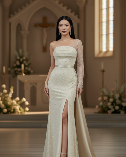 Sandfarbenes Glitzer-Abendkleid - Ansicht 4