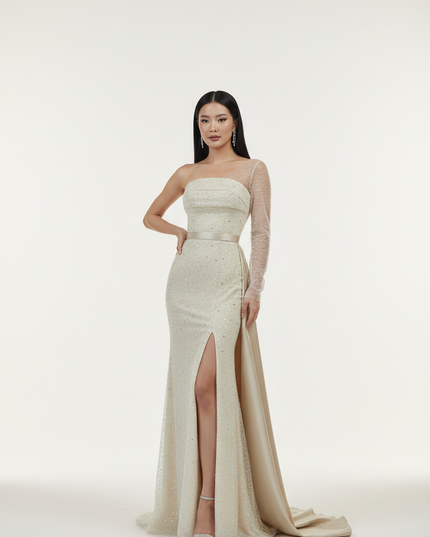 Sandfarbenes Glitzer-Abendkleid - Ansicht 5