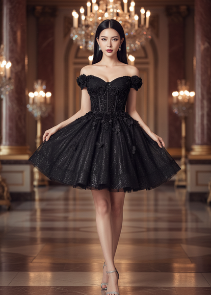 Schwarzes Glitzer Kleid Kurz Prinzessin - Ansicht 1