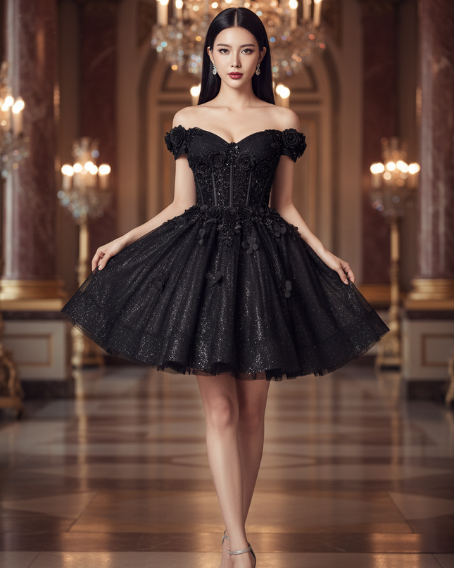 Schwarzes Glitzer Kleid Kurz Prinzessin - Ansicht 1