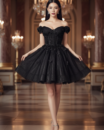 Schwarzes Glitzer Kleid Kurz Prinzessin - Ansicht 3