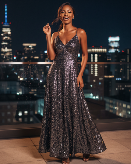 Schwarzes A-Linie Glitzer Kleid Lang - Ansicht 1