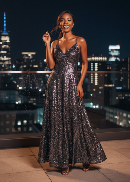 Schwarzes A-Linie Glitzer Kleid Lang - Ansicht 1