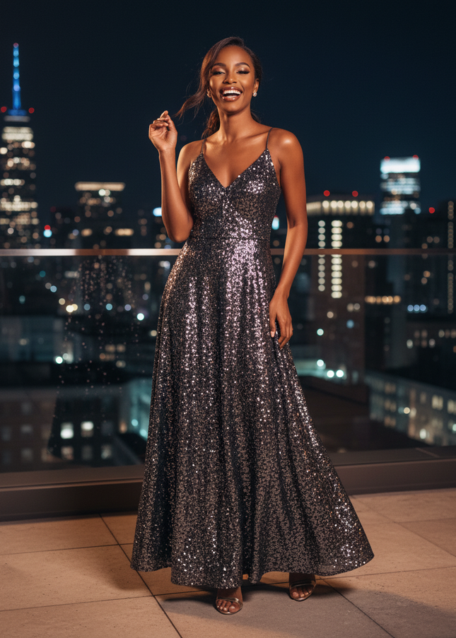 Schwarzes A-Linie Glitzer Kleid Lang - Ansicht 1
