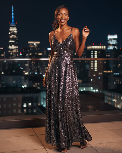 Schwarzes A-Linie Glitzer Kleid Lang - Ansicht 3