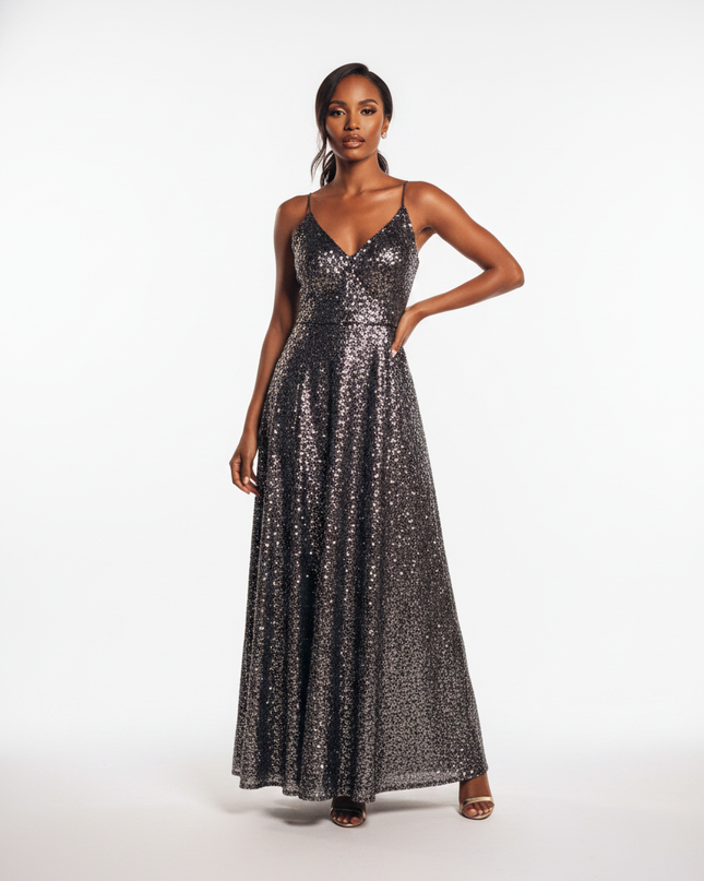 Schwarzes A-Linie Glitzer Kleid Lang - Ansicht 5