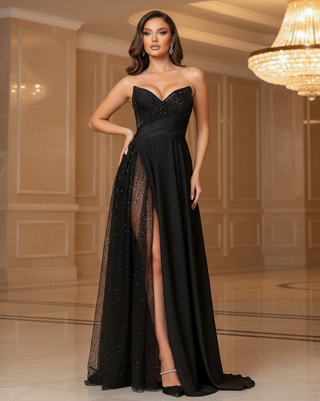 Schwarzes Glitzer Abendkleid Lang - Ansicht 1