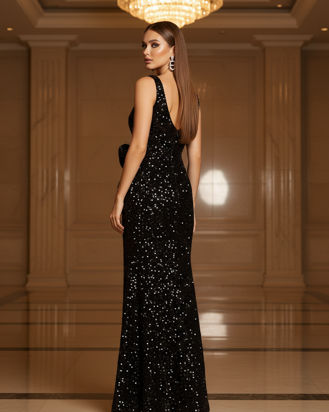 Schwarzes Glitzerkleid Lang Schlitz - Ansicht 2