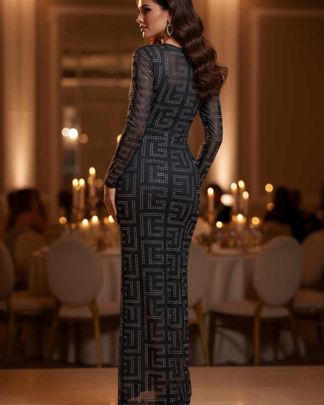Schwarzes Glitzer Kleid Lang Strass Mesh - Ansicht 2
