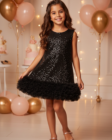 Schwarzes Glitzerkleid Maedchen Kurz - Ansicht 1