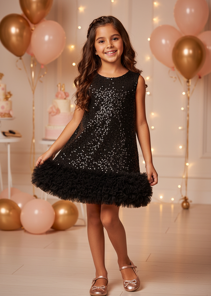 Schwarzes Glitzerkleid Maedchen Kurz - Ansicht 1