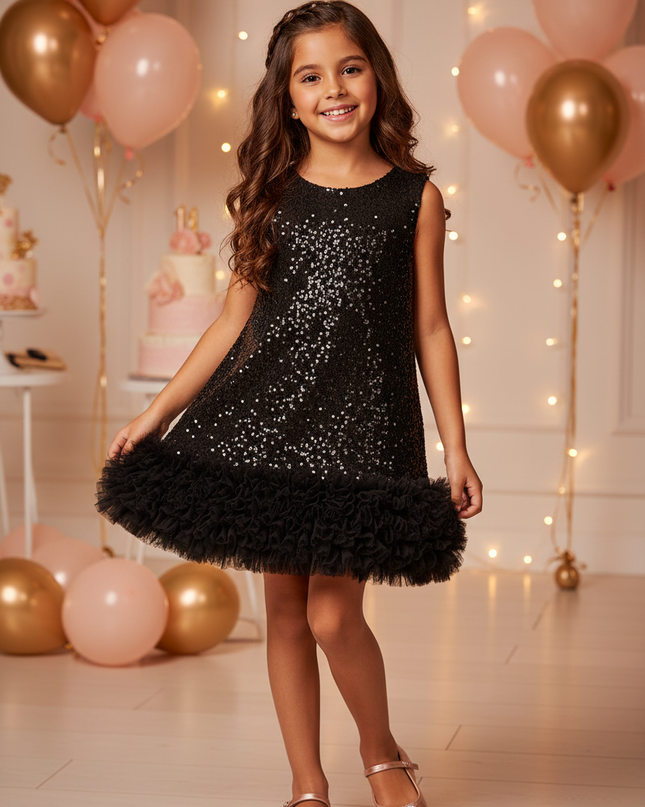 Schwarzes Glitzerkleid Maedchen Kurz - Ansicht 1