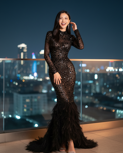 Meerjungfrau-Glitzerkleid mit Federn - Ansicht 3