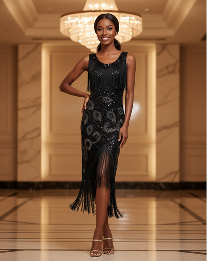 Schwarzes Glitzerkleid Midi Pailletten - Ansicht 1