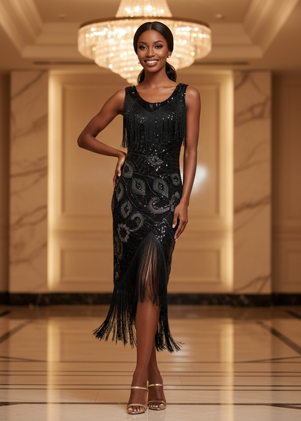 Schwarzes Glitzerkleid Midi Pailletten - Ansicht 1
