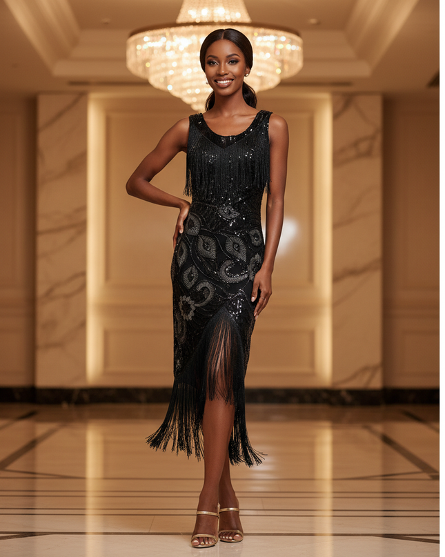 Schwarzes Glitzerkleid Midi Pailletten - Ansicht 1