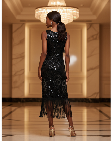 Schwarzes Glitzerkleid Midi Pailletten - Ansicht 2