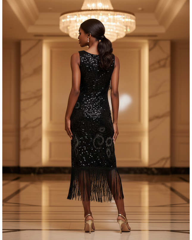 Schwarzes Glitzerkleid Midi Pailletten - Ansicht 2