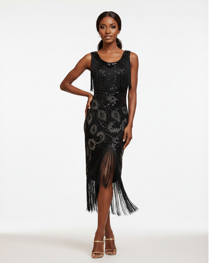 Schwarzes Glitzerkleid Midi Pailletten - Ansicht 5